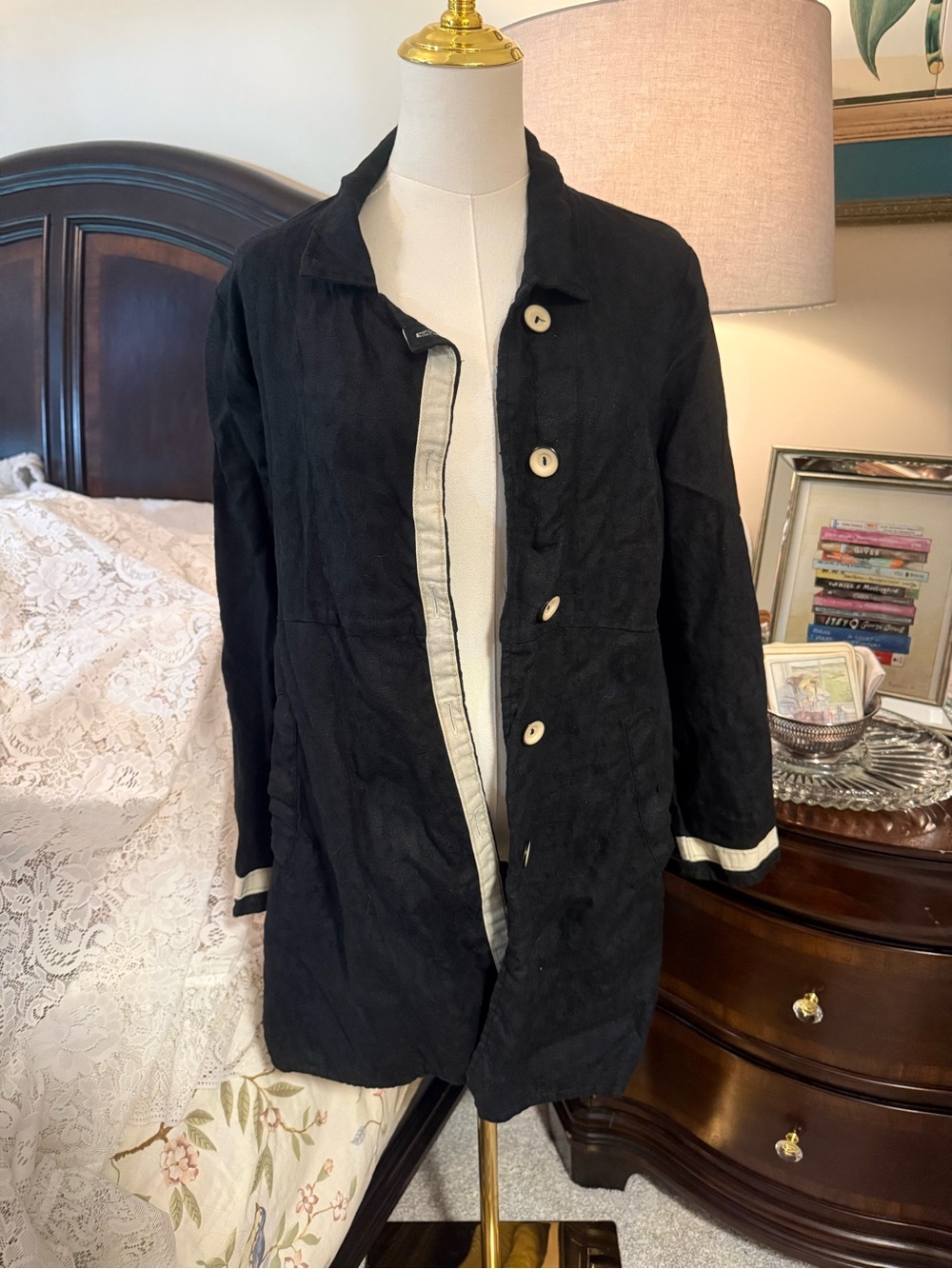 Flax Black Trench Coat with Cream Trim